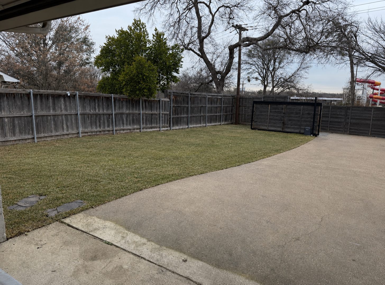 Open backyard with lawn and concrete drive